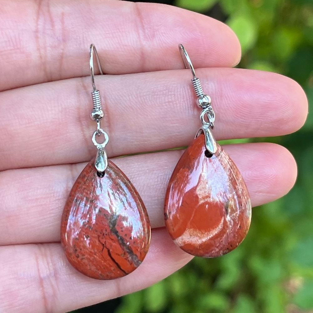 Stainless‎ steel red Jasper teardrop earrings
